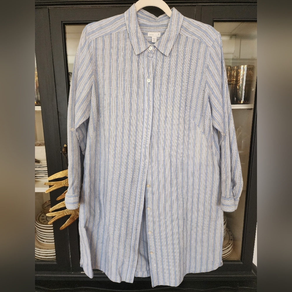 J. Jill Blue and White Striped Linen Button-Up Shirtdress.